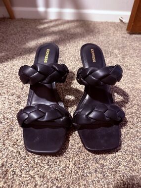 Express Black Braided Double-Strap Slide Heels